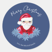 Minimale Kerstman Schattige Poinsettia Blauwe Pret Ronde Sticker (Voorkant)