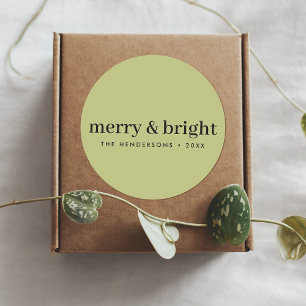 Minimale Kerstmis   Merry and Bright Olive Green Ronde Sticker