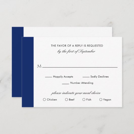 Minimale klassieke formele marine blauw elegante b RSVP kaartje (Voorkant / Achterkant)