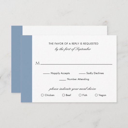 Minimale klassieke officiële smaakblauwe bruiloft RSVP kaartje (Voorkant / Achterkant)