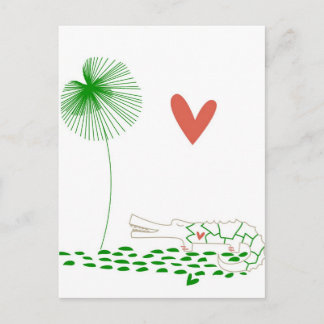 Minimale krokodil met hart en groene bloem. briefkaart