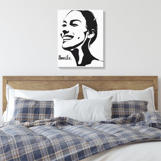 Minimale kunst van een lachende vrouw canvas afdruk (Insitu (Slaapkamer))
