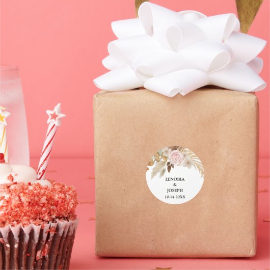 Minimale Leaf Boho Floral Bruiloft Ronde Sticker (Feest)