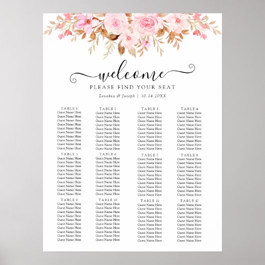 Minimale Leaf Boho Floral Bruiloft zitgrafiek Poster (Voorkant)