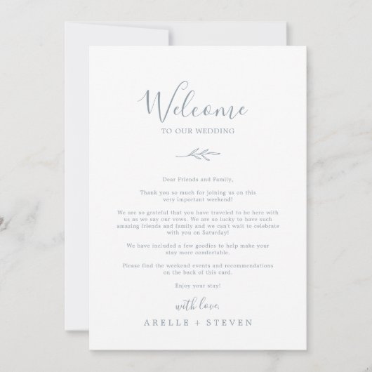 Minimale Leaf Dusty Blue Welcome Letter & Itinerar (Voorkant)