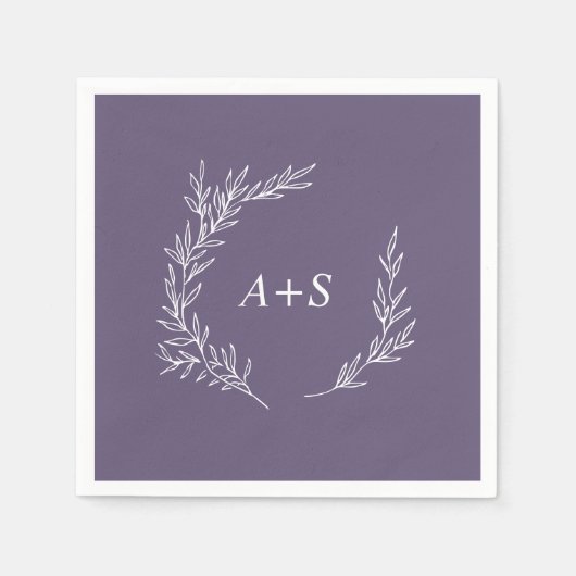 Minimale Leaf Plum Paarse Monogram Bruiloft Servet (Voorkant)