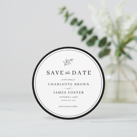 Minimale Leaf Round Save the Date Invitation Feestdagenkaart (Staand voorkant)