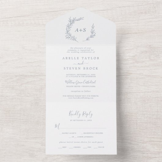 Minimale lebben | Dusty Blue Wedding All In One Uitnodiging (Binnen)