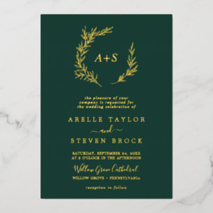 Minimale lebben   Gold Foil Emerald Monogram Wedde Folie Uitnodiging