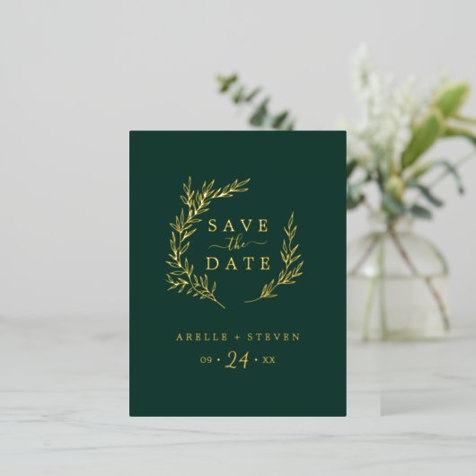 Minimale lebben | Gold Foil Emerald Save the Date Folie Uitnodiging Briefkaart (Staand Voorkant)