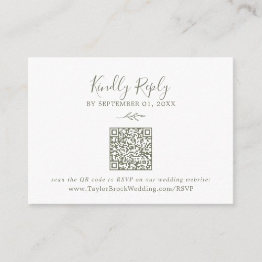 Minimale lebben | Olijfgroene QR-code bruiloft RSV Informatiekaartje (Voorkant)