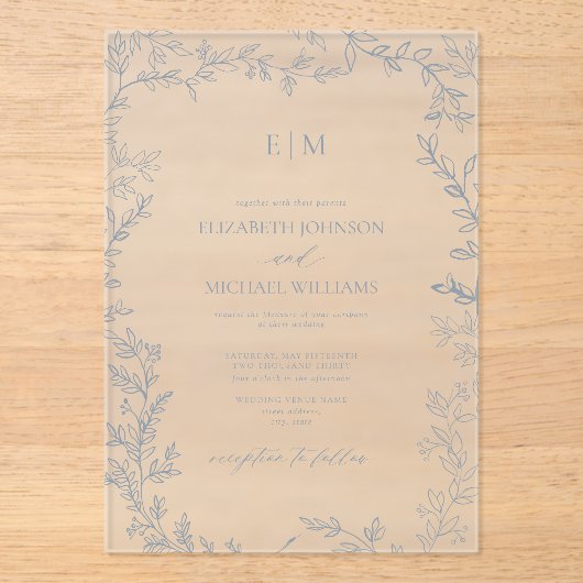 Minimale lebbendeblauw elegante monogram bruiloft acryl uitnodigingen (Voorkant)