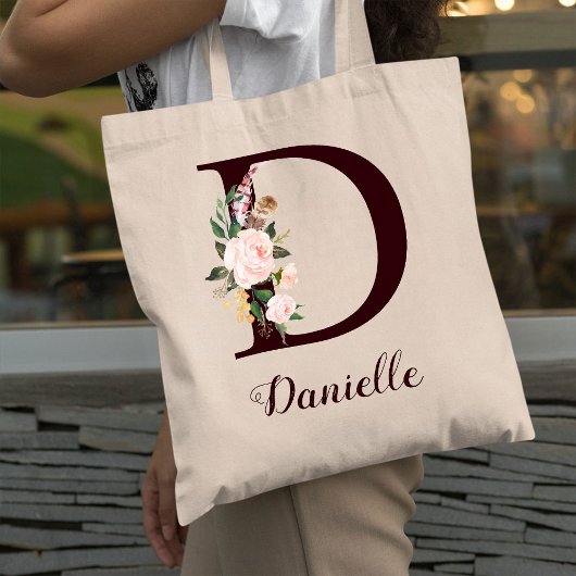 Minimale Letter D Blush Floral Gepersonaliseerd ca Tote Bag