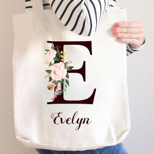 Minimale Letter E Blush Floral Gepersonaliseerd ca Tote Bag