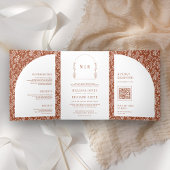 Minimale lijn kunst blad boog terracotta bruiloft drieluik uitnodiging