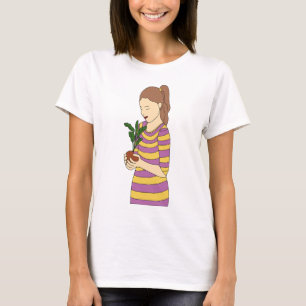 Minimale lijnkunst van het meisje met Potted plant T-shirt
