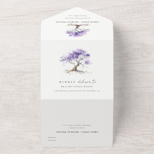 Minimale Lila Waterverf Jacaranda Tree Wedding All In One Uitnodiging (Buitenkant)