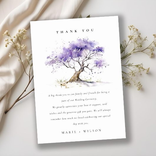 Minimale Lila Waterverf Jacaranda Tree Wedding Bedankkaart