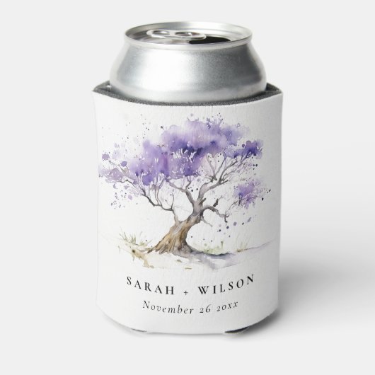 Minimale Lila Waterverf Jacaranda Tree Wedding Blikjeskoeler (Blikje Achterkant)
