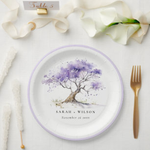 Minimale Lila Waterverf Jacaranda Tree Wedding Papieren Bordje