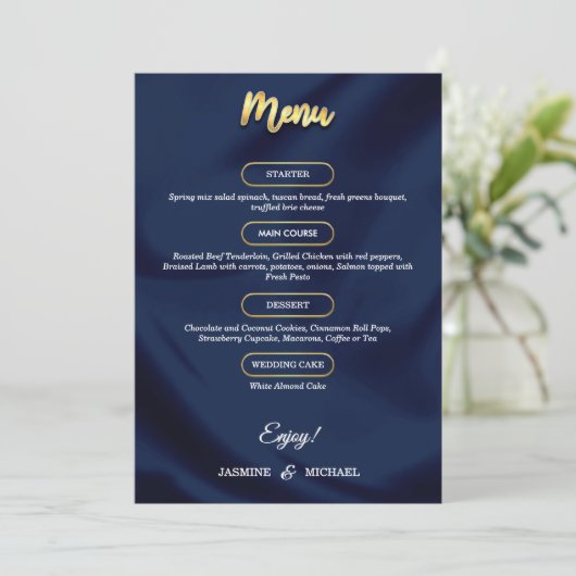 Minimale luxe Navy Blue en Gold Script Wedding Menu (Staand voorkant)