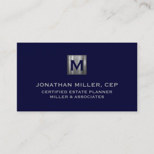 Minimale Luxe Navy Blue Silver Monogram Visitekaartje (Voorkant)