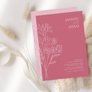 Minimale magenta roze witte wilde bloemen bruiloft kaart