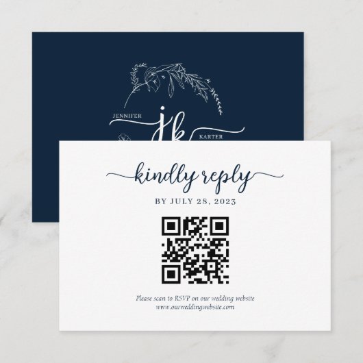 Minimale Marine Blauw Floral Monogram QR Code Brui RSVP Kaartje (Voorkant / Achterkant)