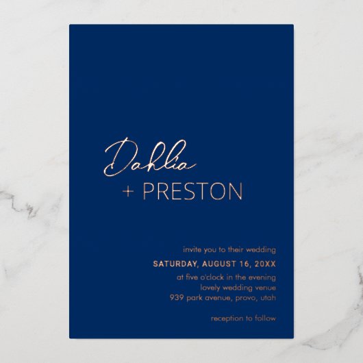 Minimale Marine Blauw Moderne bruiloft Folie Uitnodiging (Voorkant)