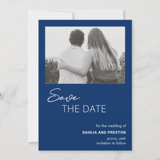 Minimale Marine Blauwe Foto Moderne bruiloft Save The Date (Voorkant)