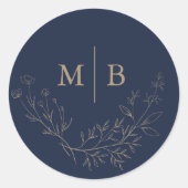 Minimale marinegouden botanische monogrammed bruil ronde sticker (Voorkant)
