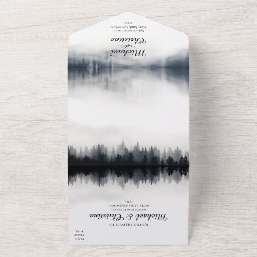 Minimale mistige sparren bos natuur bruiloft all in one uitnodiging (Buitenkant)