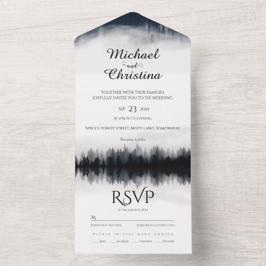 Minimale mistige sparren bos natuur bruiloft all in one uitnodiging (Binnen)