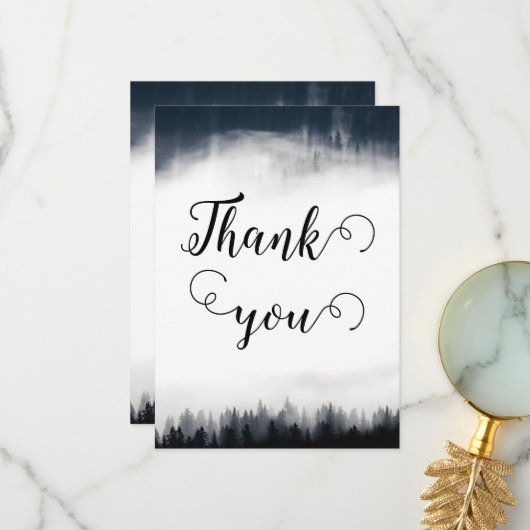 Minimale mistige sparren bos natuur bruiloft bedankkaart (Voorkant / Achterkant in situ)