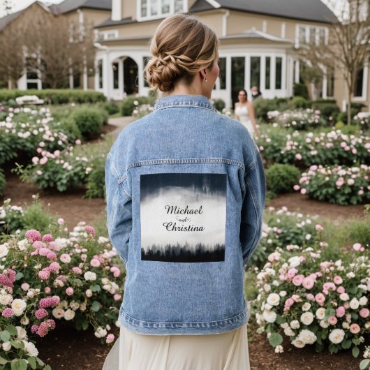 Minimale mistige sparren bos natuur bruiloft denim jacket (Huwelijk Achterkant)