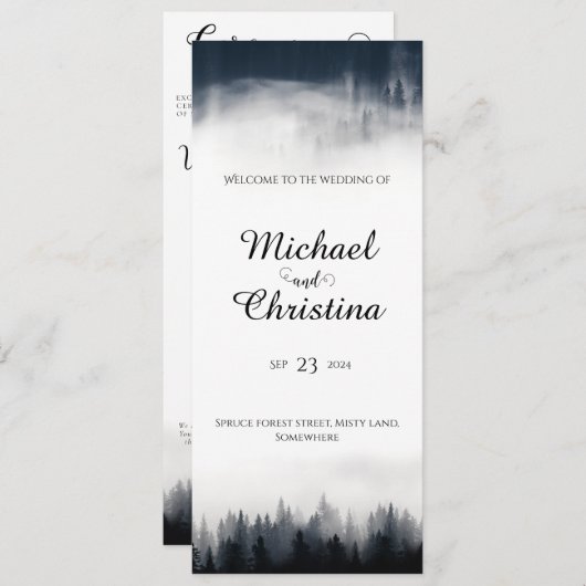 Minimale mistige sparren bos natuur bruiloft programma (Voorkant / Achterkant)