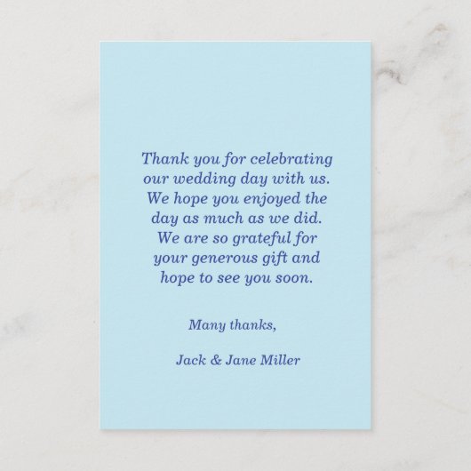Minimale moderne blauwe bruidstaart dank u kaart (Achterkant)