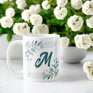 Minimale Moderne Bloemen Wit en Groen Monogram Koffiemok