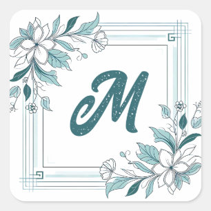 Minimale Moderne Bloemen Wit en Groen Monogram Vierkante Sticker