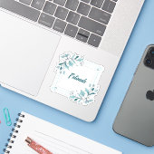Minimale Moderne Bloemen Witte en Groene Naam Sticker (Laptop met iPhone)