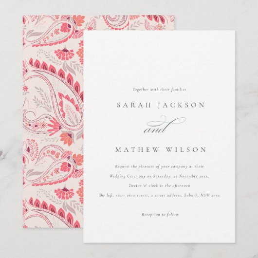 Minimale Moderne Blush Paisley Typography Wedding Kaart (Voorkant / Achterkant)