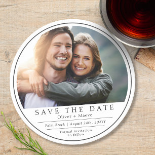 Minimale moderne foto zwart-wit Save The Date Ronde Kartonnen Onderzetter