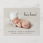 Minimale moderne geboorteaankondiging foto briefkaart (Voorkant)