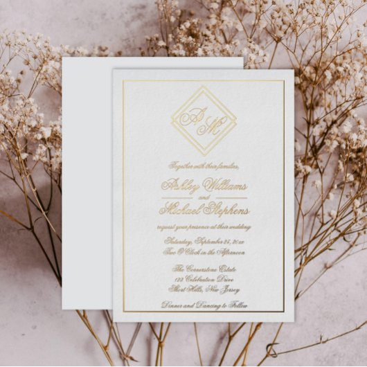 Minimale moderne geometrische monogram bruiloft folie uitnodiging