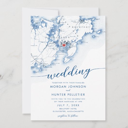 Minimale Moderne Gloucester MA Kaart Bruiloft (Voorkant)