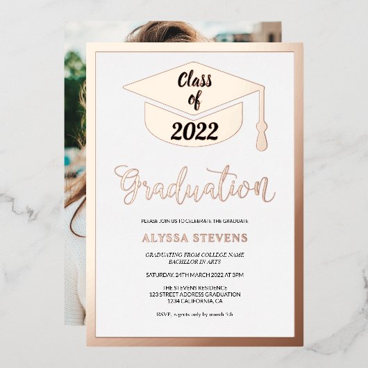 Minimale moderne gouden afstuderen voor roos folie uitnodiging (Voorkant / Achterkant)