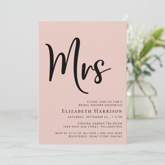 Minimale moderne mevrouw Blush Pink Vrijgezellenfe Kaart (Staand voorkant)