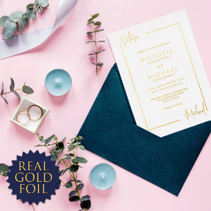 Minimale moderne naamgevingsgrens Echte bruiloft Folie Uitnodiging