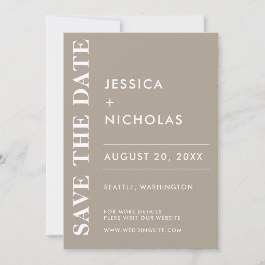 Minimale moderne olijfgrijs elegante bruiloft save the date (Voorkant)