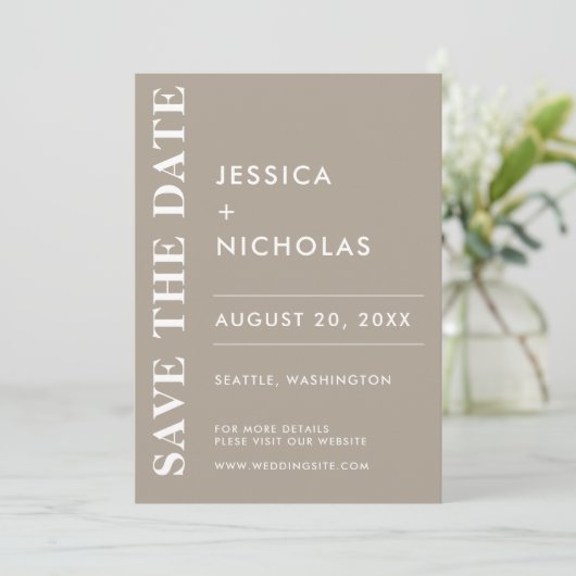 Minimale moderne olijfgrijs elegante bruiloft save the date (Staand voorkant)